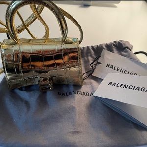 GOLD Balenciaga hourglass mini croc embossed leather shoulder bag